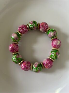 Angela Moore Hand-Painted Beaded Stretch Bracelet - Green & Pink